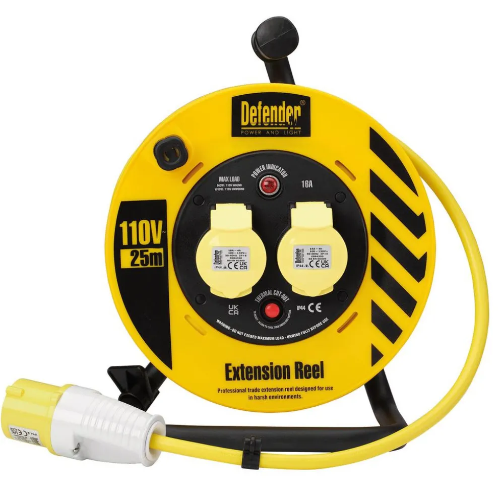 Defender E86455 110V Heavy Duty Industrial Cable Reel, 25m