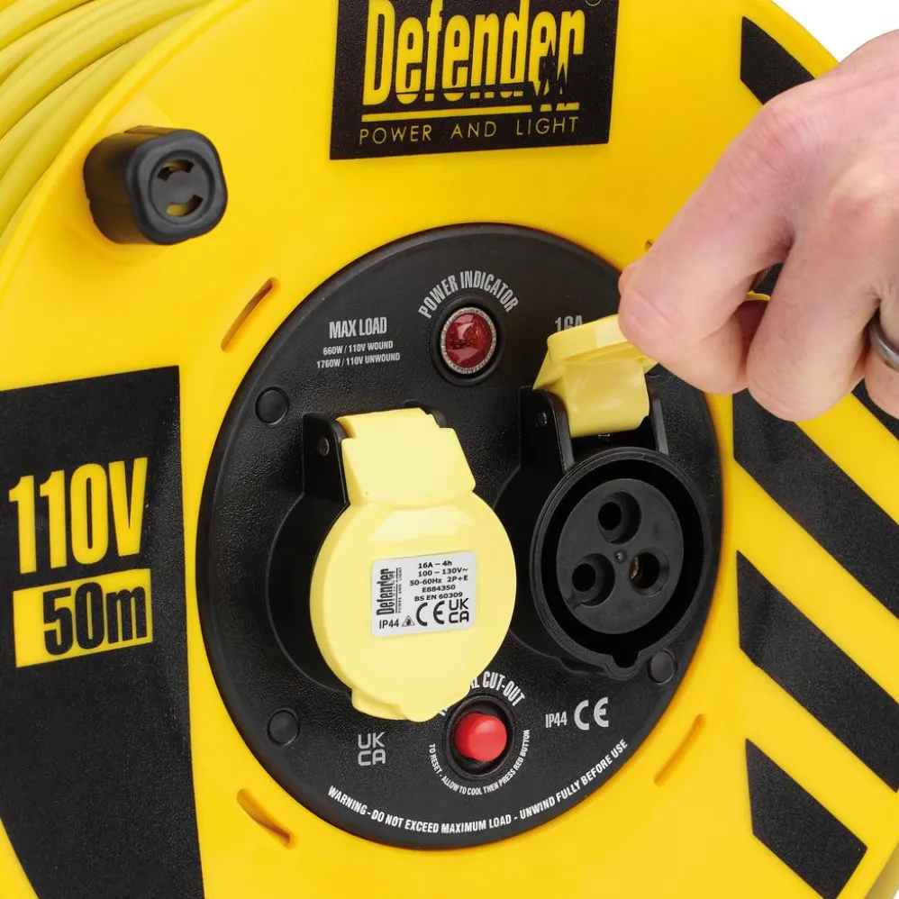 Defender E86500 110V Industrial Cable Reel, 1.5mm², 16A, 50m