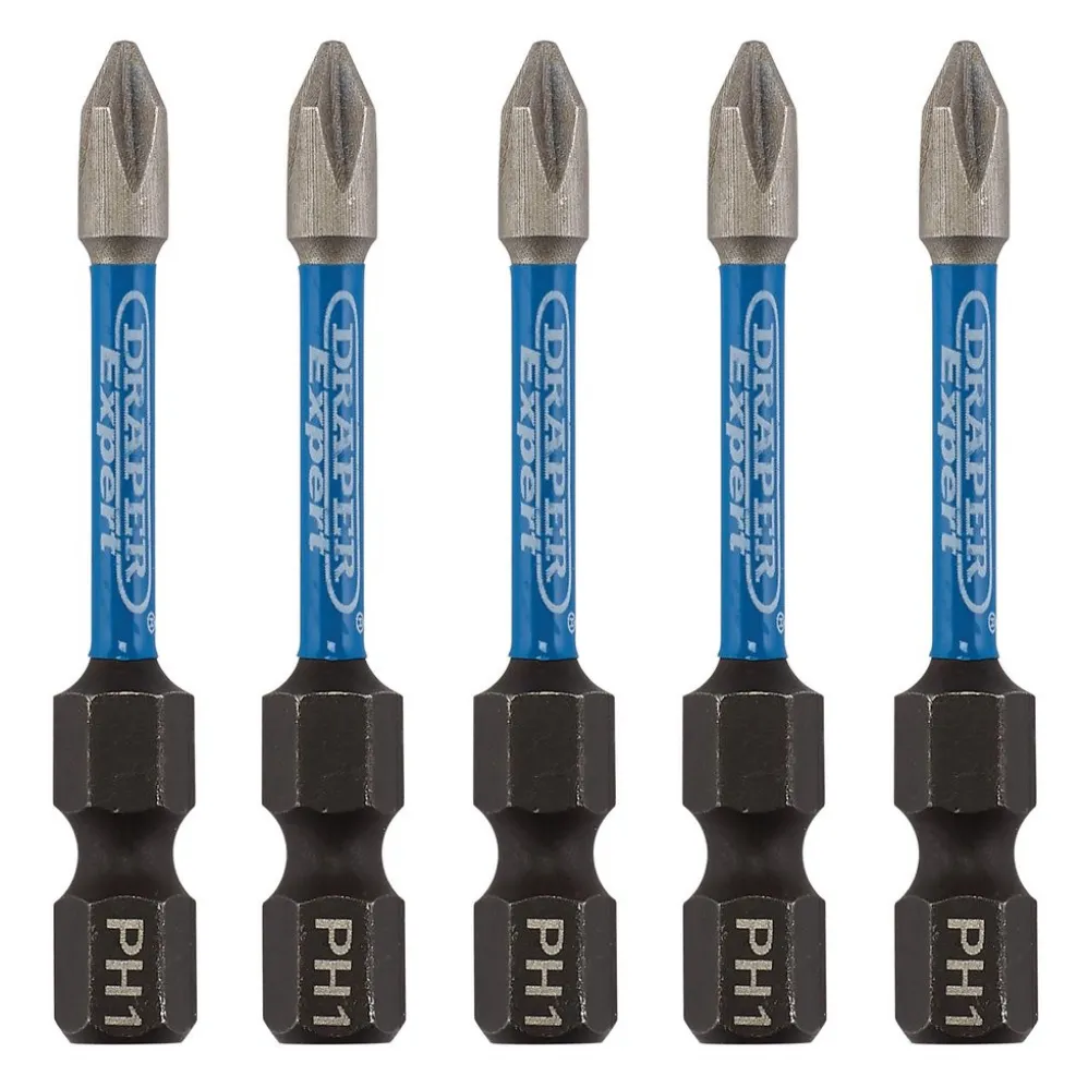 Draper Expert Cross Slot/PH Type Impact Screwdriver Bits, No.1 x 50mm, 1/4" Hex (Pack of 5)
