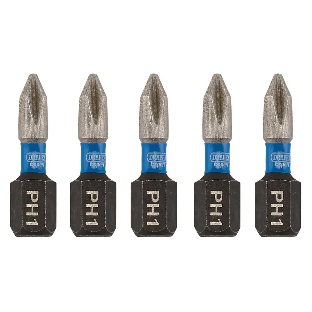 Draper Expert Cross Slot/PH Type Impact Screwdriver Bits, No.1 x 25mm, 1/4" Hex (Pack of 5)