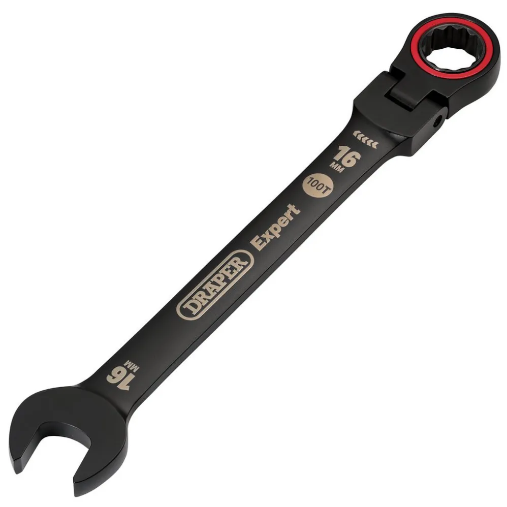 Draper Expert HI-TORQ® Metric Flexible Head Ratchet Combination Spanner, 16mm, Black