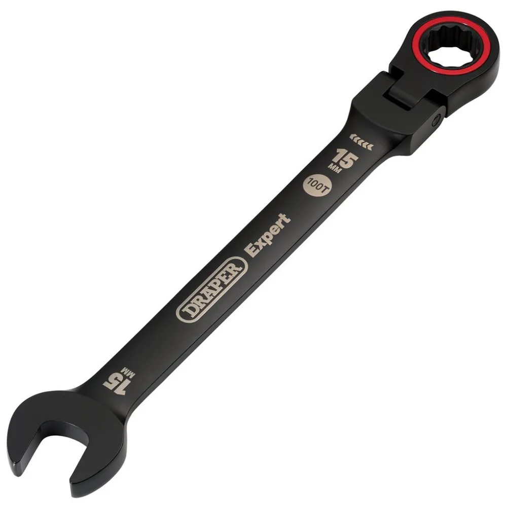 Draper Expert HI-TORQ® Metric Flexible Head Ratchet Combination Spanner, 15mm, Black