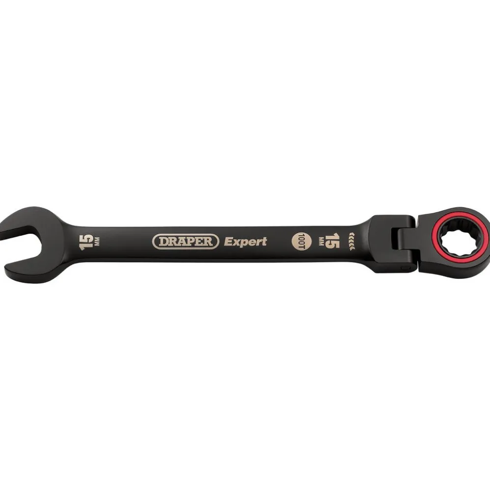 Draper Expert HI-TORQ® Metric Flexible Head Ratchet Combination Spanner, 15mm, Black