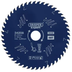 Draper Expert TCT Circular Saw Blade for Wood with PTFE Coating, 210 x 30mm, 48T