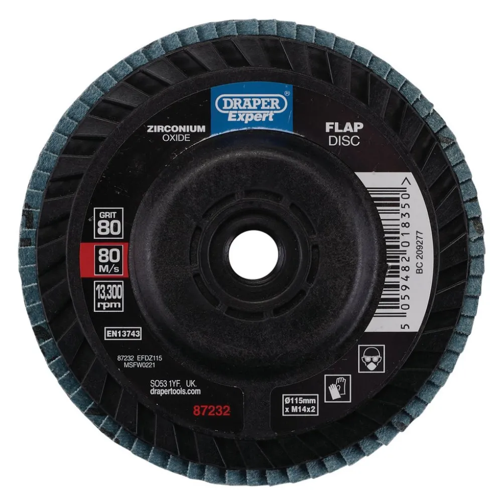 Draper Expert Zirconium Oxide Flap Disc, 115mm, M14, 80 Grit