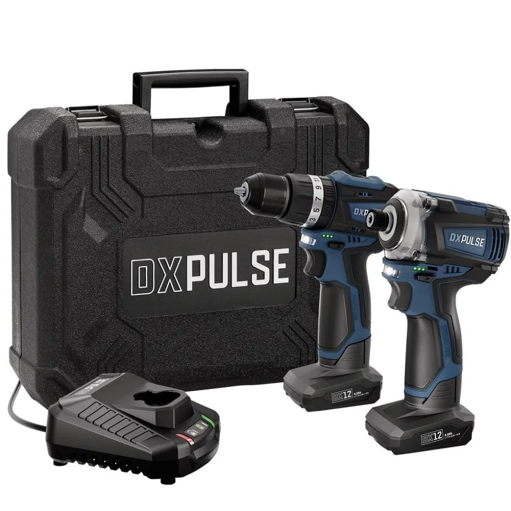 DXPULSE 12V Brushless Combi Drill & Impact Driver Kit, 1/4" Sq. Dr., 2 x 4.0Ah Batteries, 1 x Fast Charger