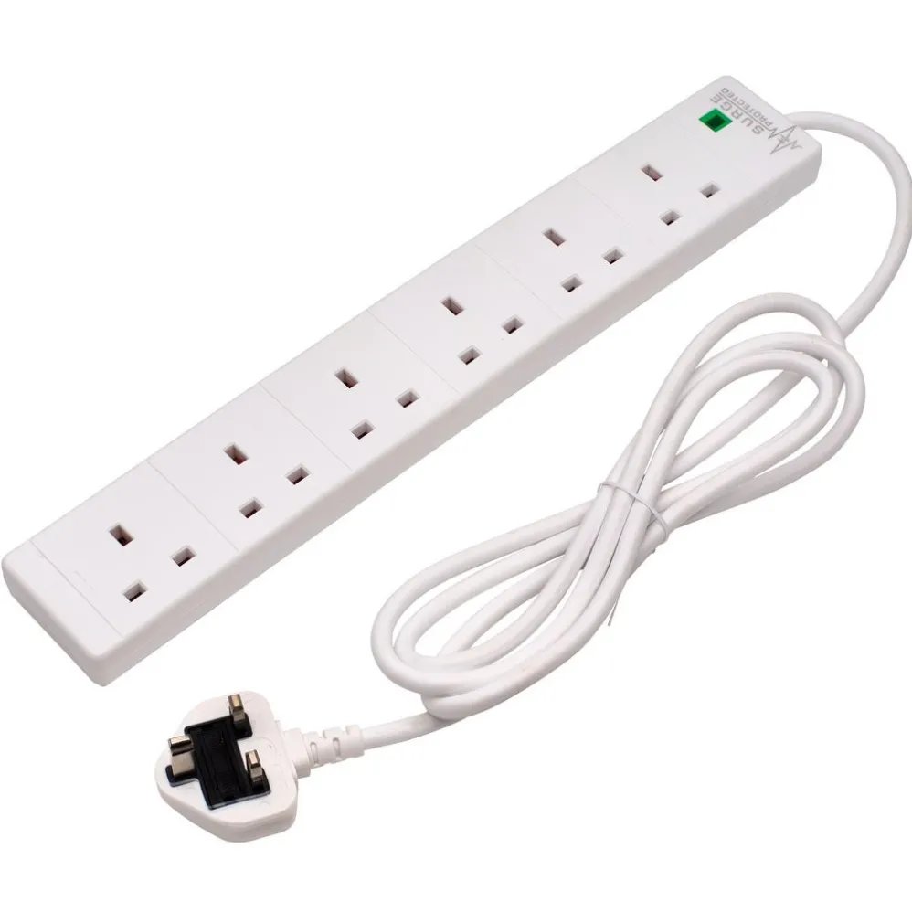 Six Socket Surge Protected Extension Lead with Neon Indicator, 2m