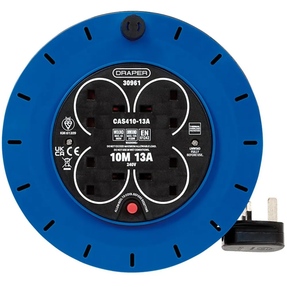230V 13A 4 Socket Cassette Reel, 10m