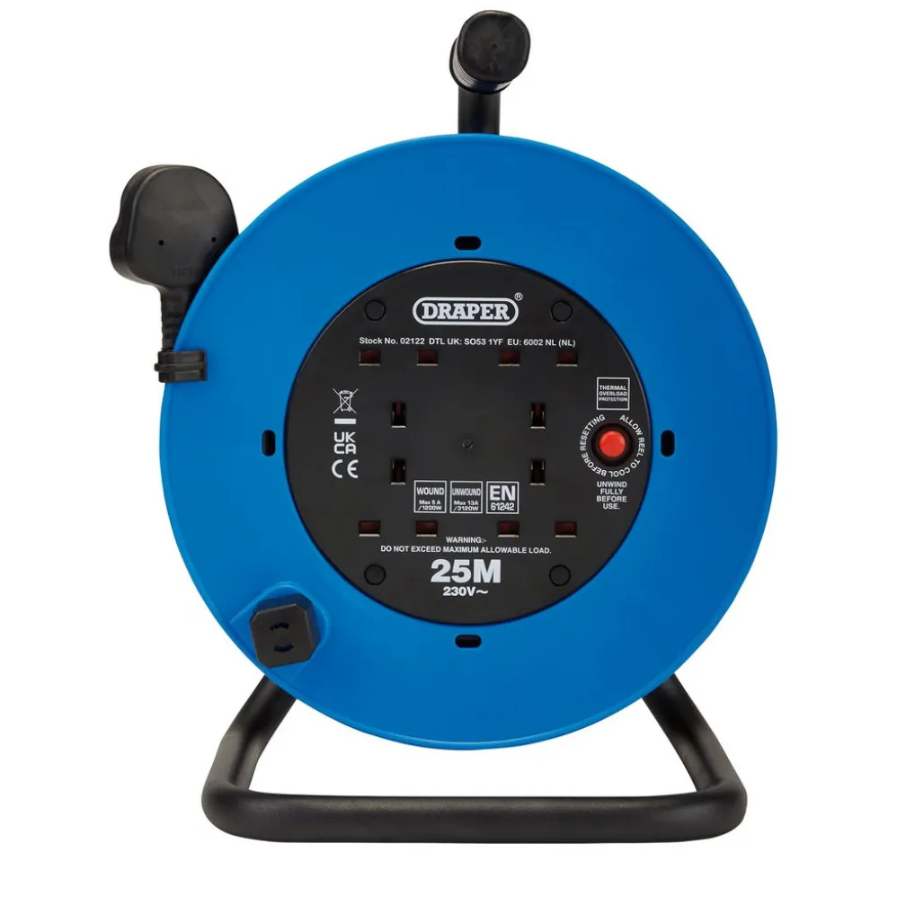 230V Heavy Duty Industrial Four Socket Cable Reel, 25m
