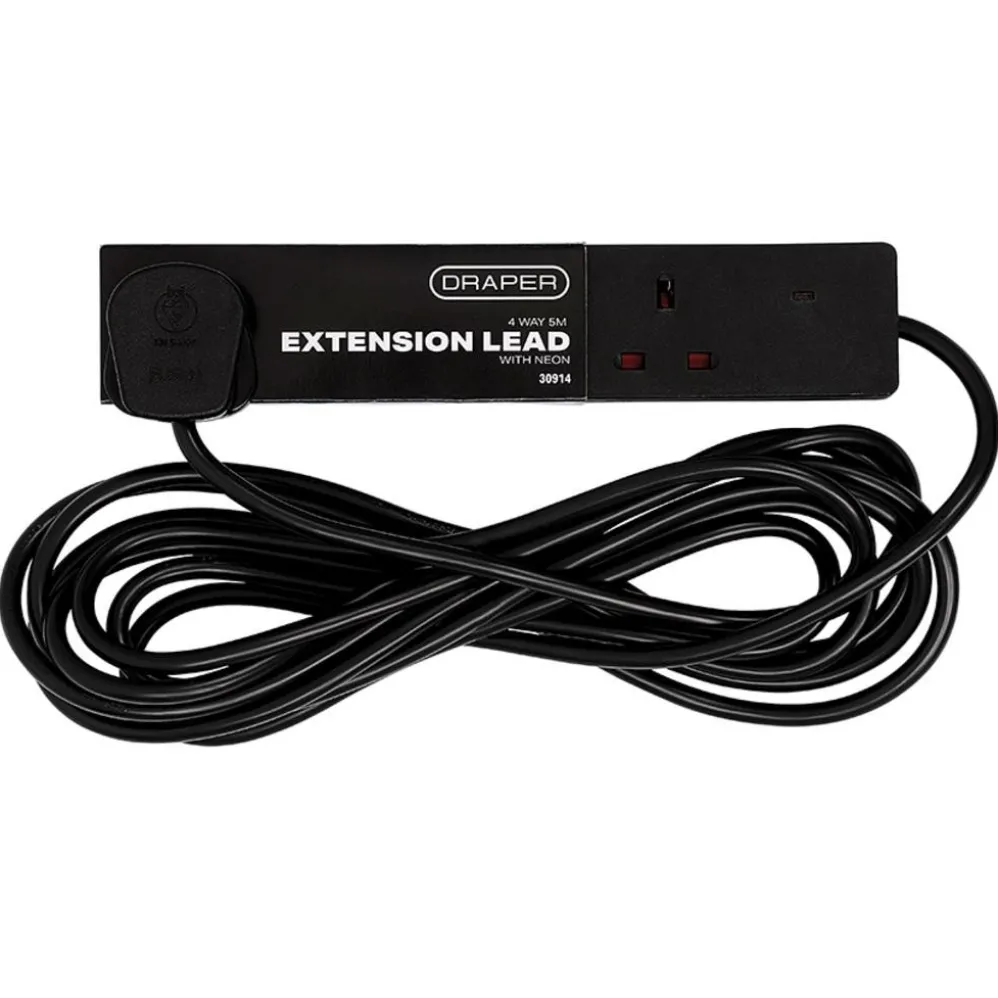 4 Way Black Extension Lead, 5m