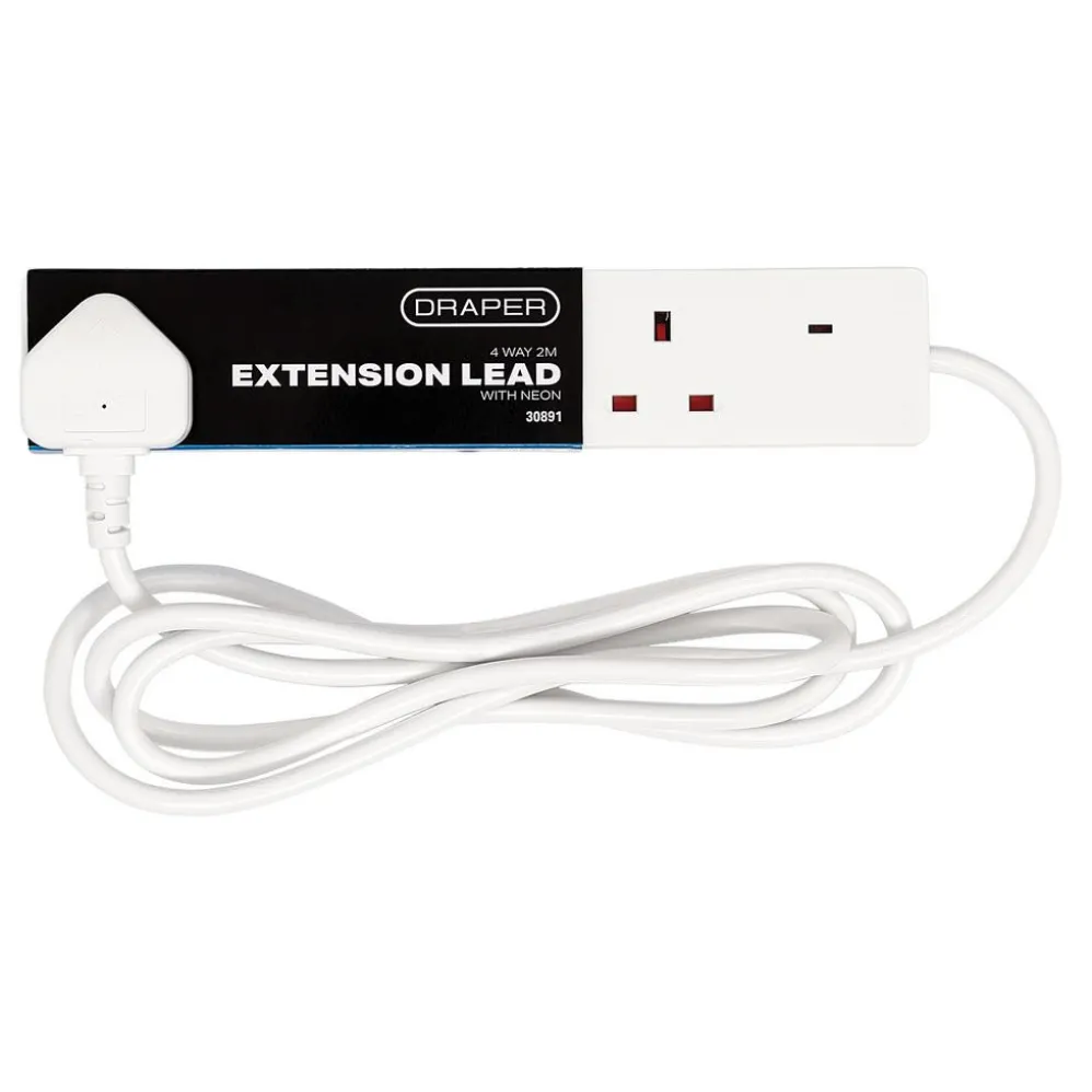 4 Way White Extension Lead, 2m
