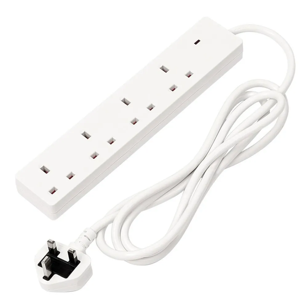 4 Way White Extension Lead, 2m