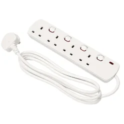 4 Way White Switch Protected Extension Lead, 2m